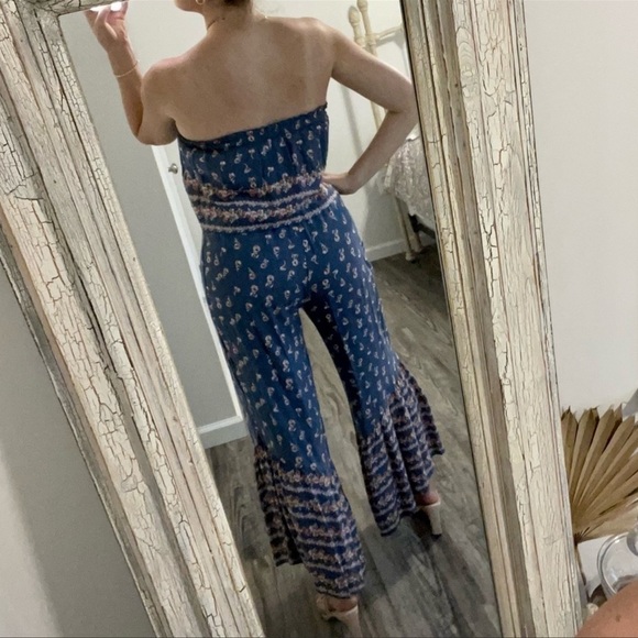 NWT Japna Blue Floral Strapless Cropped Flare Leg Boho Jumpsuit sz XS - Picture 4 of 10